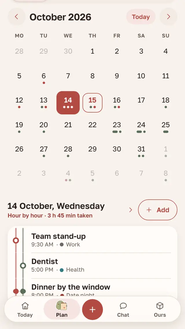 The couple’s calendar in Parella: a month with coloured event dots and a day with a weekend trip and yoga